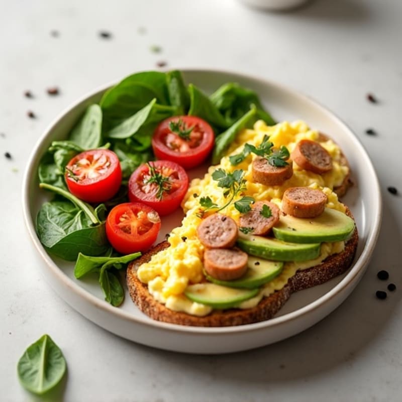 Egg White Scramble with Turkey Sausage, Spinach, and Avocado Toast