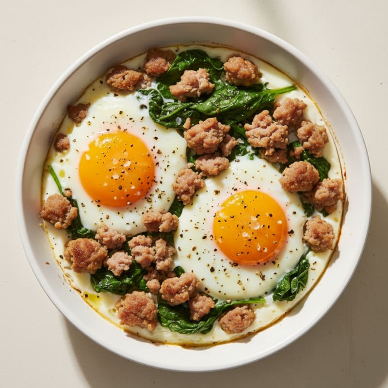 Baked Eggs with Savory Sausage Crumble