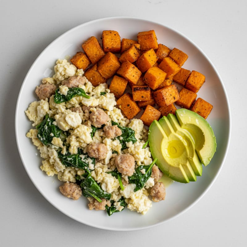 Egg White and Turkey Sausage Scramble with Roasted Sweet Potatoes