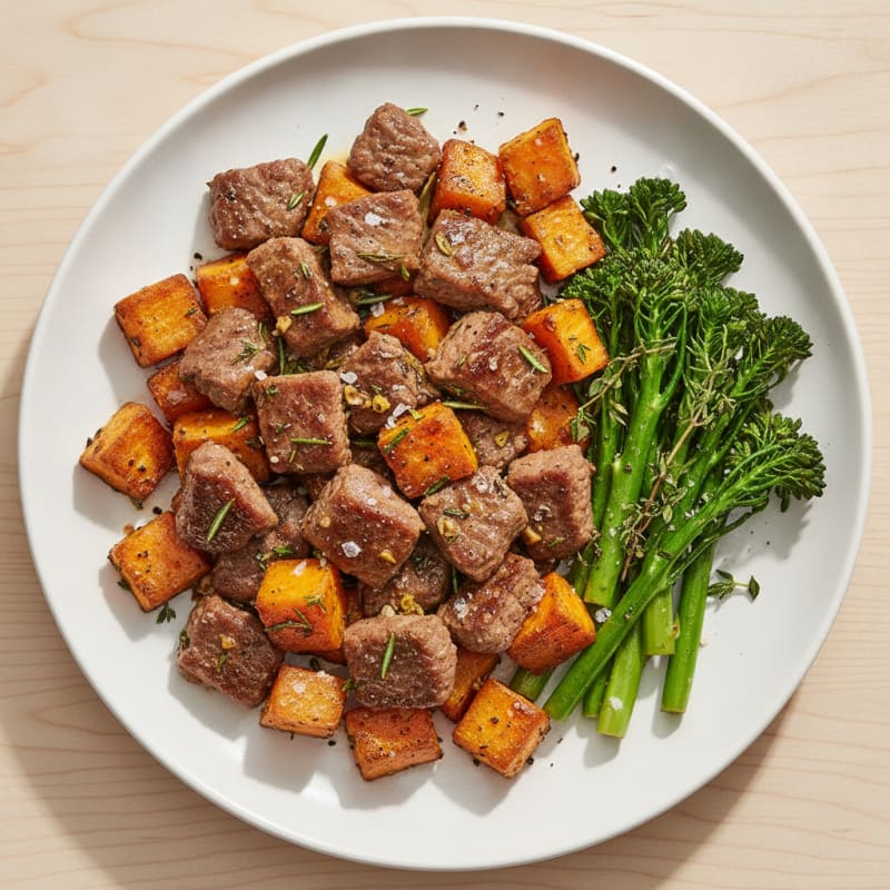 Garlic Herb Beef with Roasted Sweet Potatoes