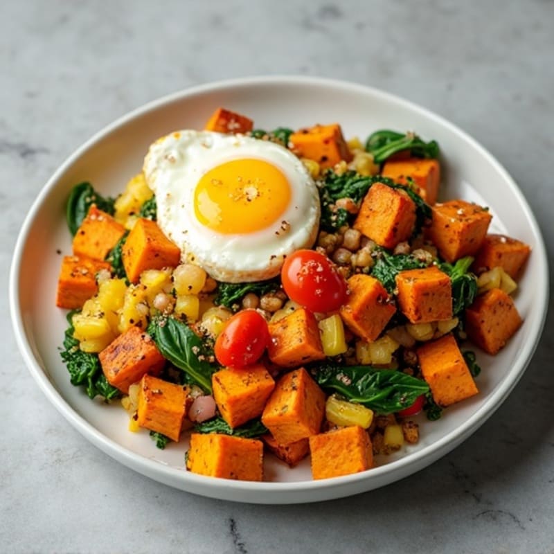 Savory Egg and Veggie Scramble with Crispy Sweet Potato Hash