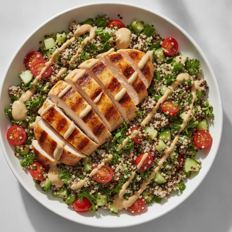 Grilled Chicken Breast with Quinoa Tabbouleh and Lemon Tahini Drizzle