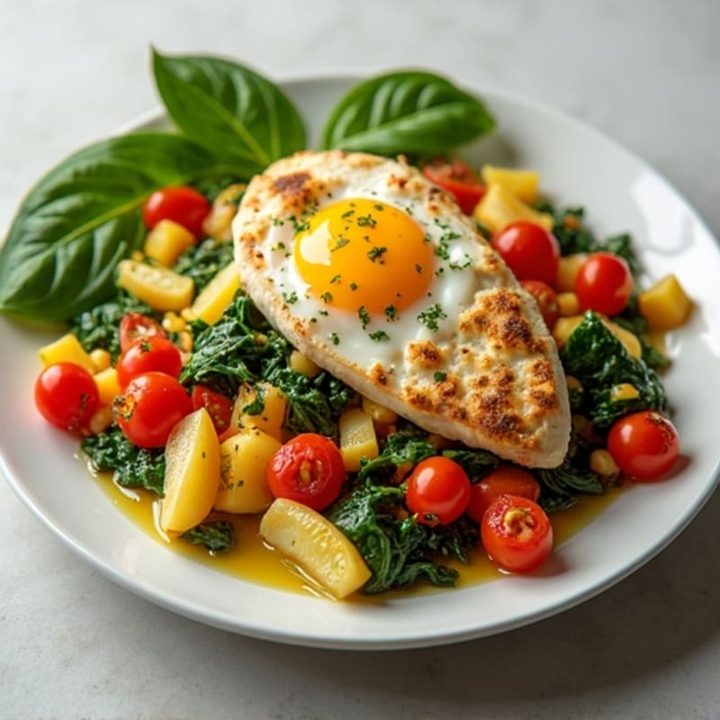 Chicken Egg White Scramble with Spinach, Tomatoes, and Bell Pepper