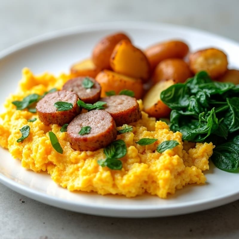 Egg White and Turkey Sausage Scramble with Crispy Potatoes and Spinach