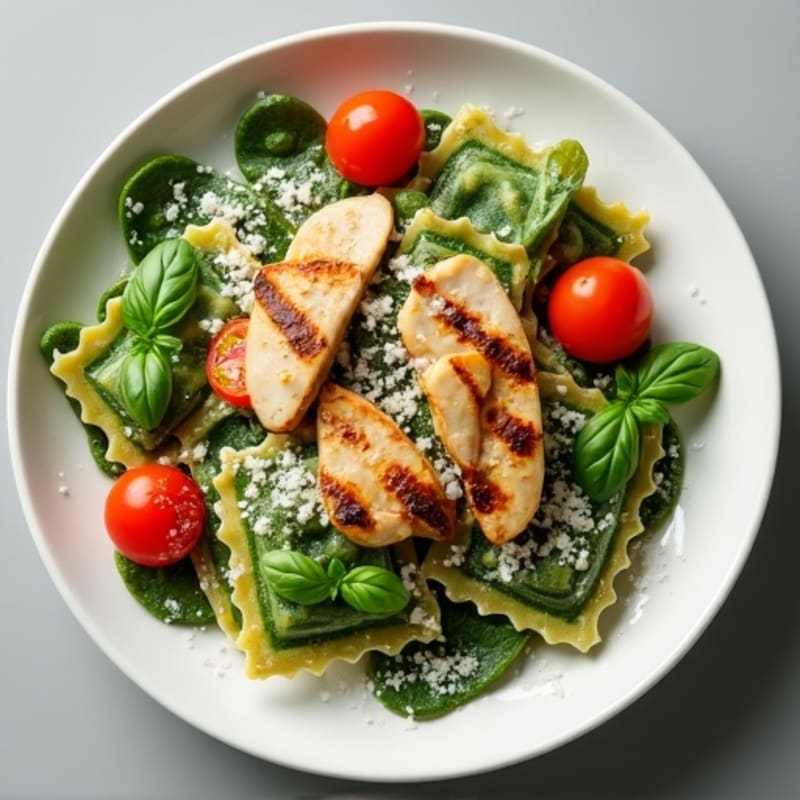 Fresh Spinach Ravioli with Roasted Cherry Tomatoes, Basil & Grilled Chicken