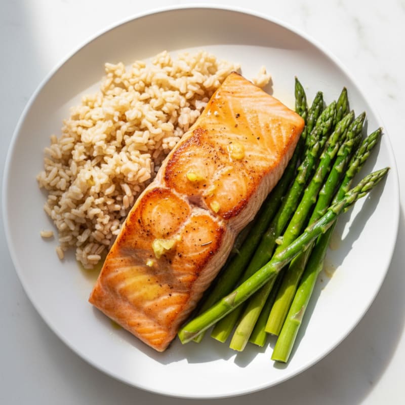 Seared Salmon with Steamed Asparagus and Brown Rice