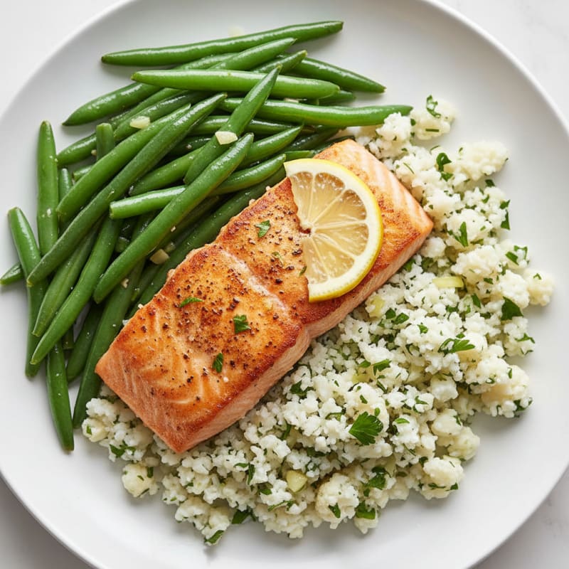 Seared Salmon with Herb Cauliflower Rice and Sautéed Green Beans
