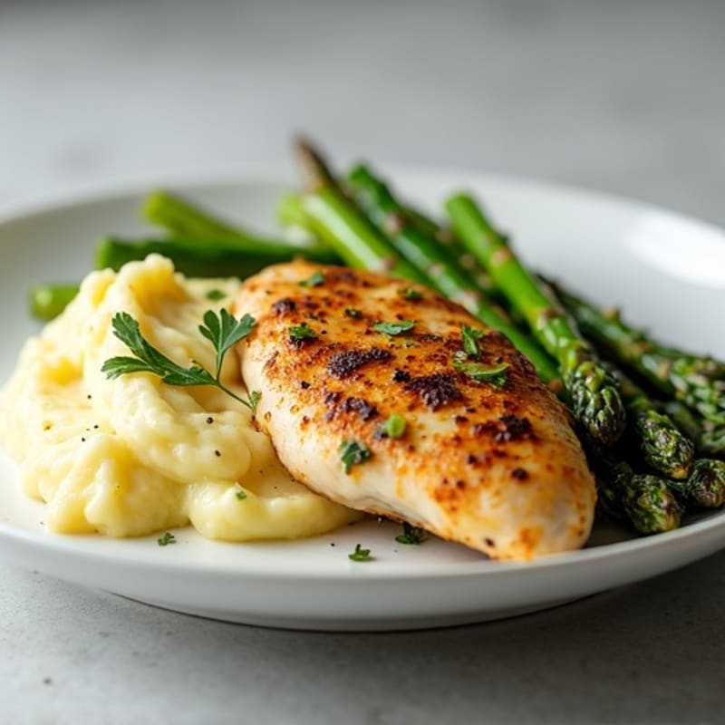 Herb-Roasted Chicken with Creamy Garlic Mashed Potatoes and Roasted Asparagus