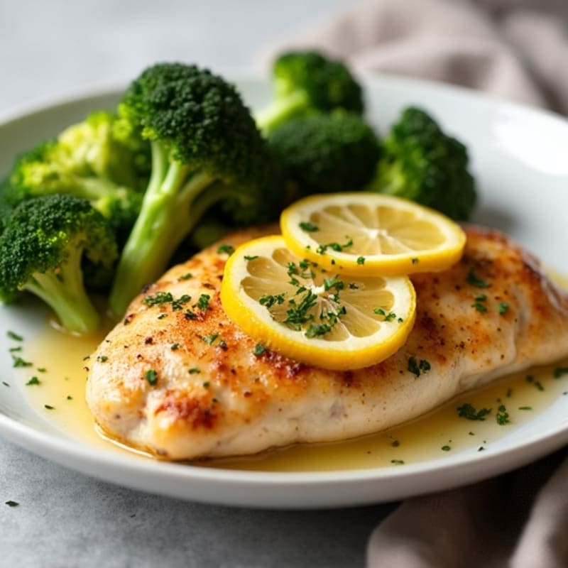 Lemon Garlic Pan-Seared Chicken Breast with Roasted Broccoli