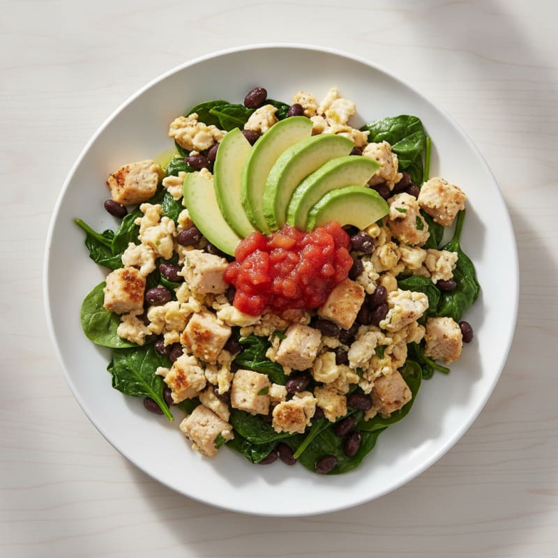 Egg White and Black Bean Scramble with Sautéed Spinach