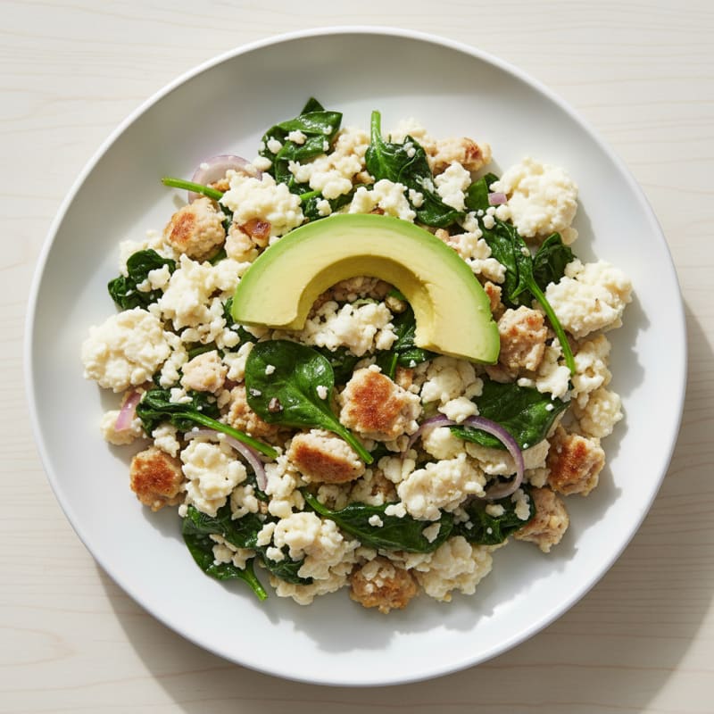 Egg White Scramble with Turkey Sausage and Sautéed Spinach