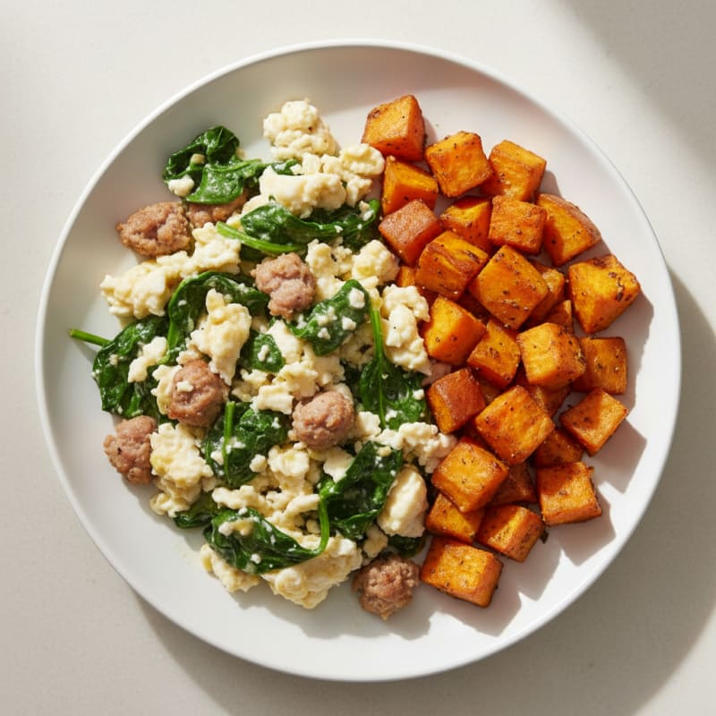 Egg White and Turkey Sausage Scramble with Spinach and Roasted Sweet Potatoes