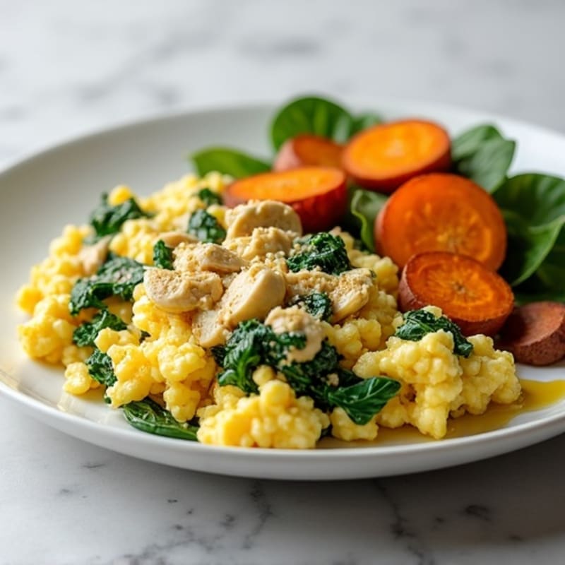 Egg White and Turkey Spinach Scramble with Roasted Sweet Potatoes