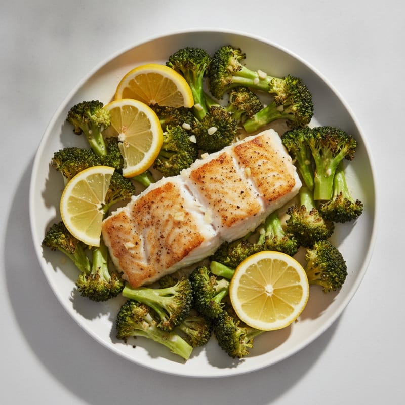 Pan-Seared White Fish with Roasted Broccoli and Lemon