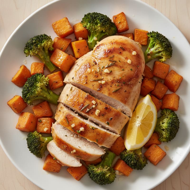 Herb-Roasted Chicken Breast with Roasted Sweet Potatoes and Broccoli