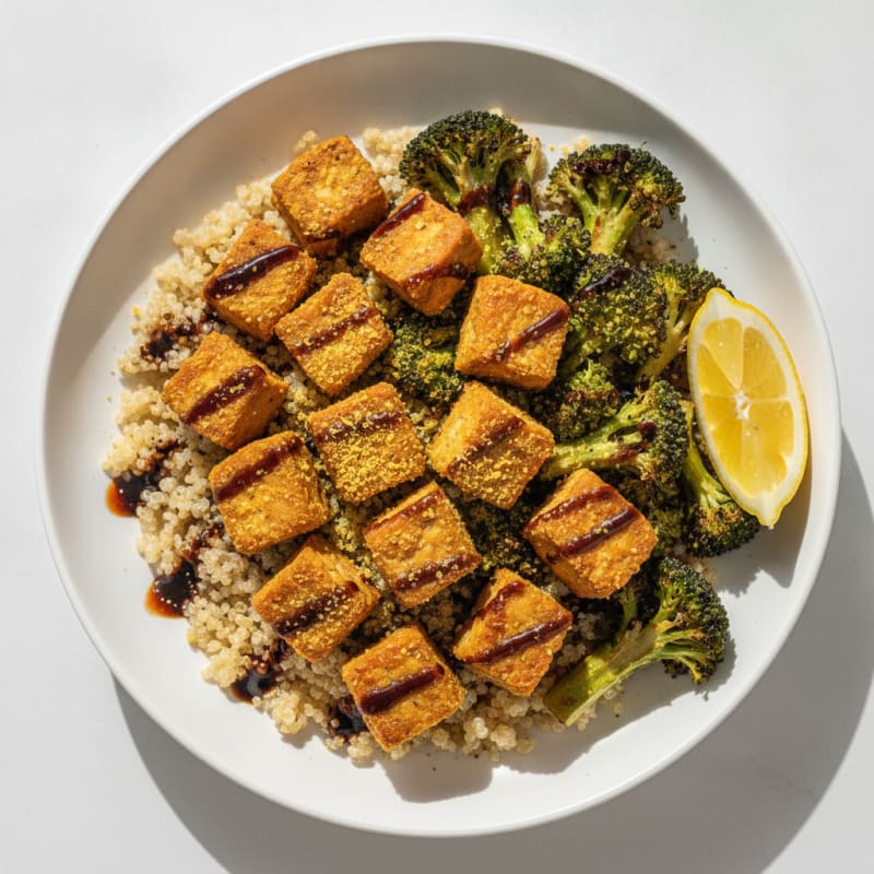 Crispy Tempeh Power Bowl with Quinoa and Roasted Broccoli