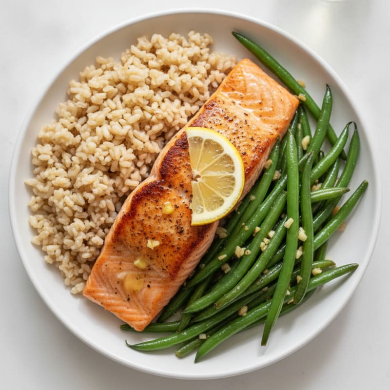 Seared Salmon with Garlic Green Beans and Brown Rice