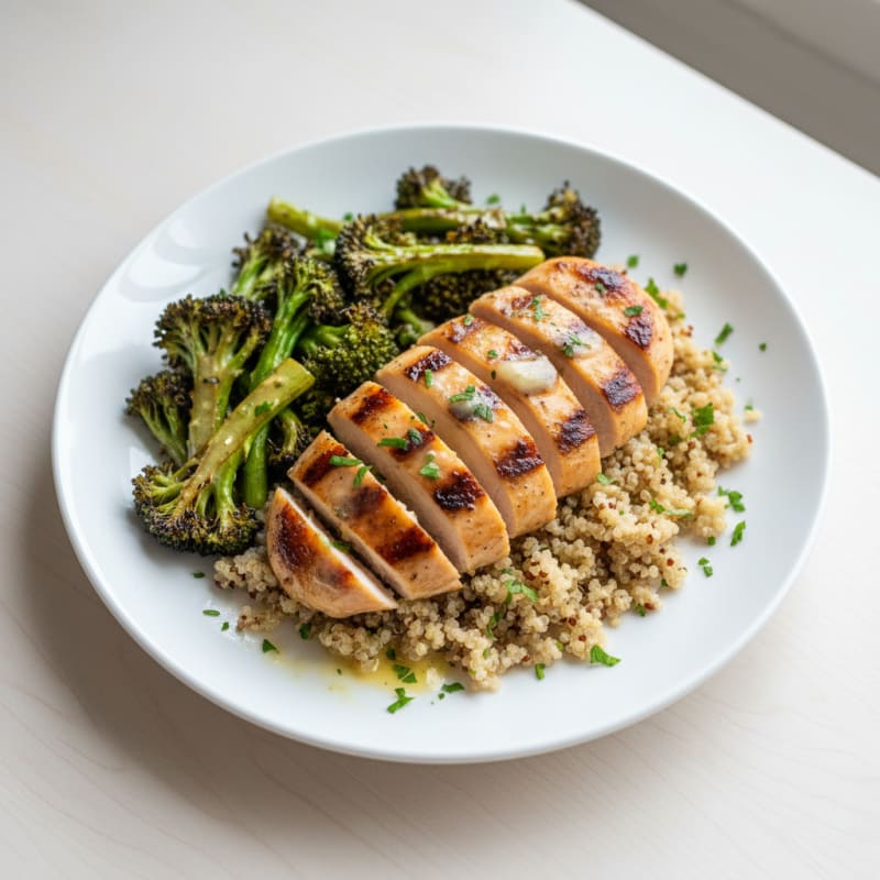 Grilled Lemon Garlic Chicken Breast with Quinoa and Roasted Broccoli