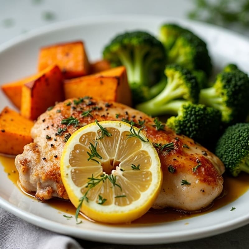 Crispy Lemon-Herb Roasted Chicken with Roasted Broccoli and Sweet Potato