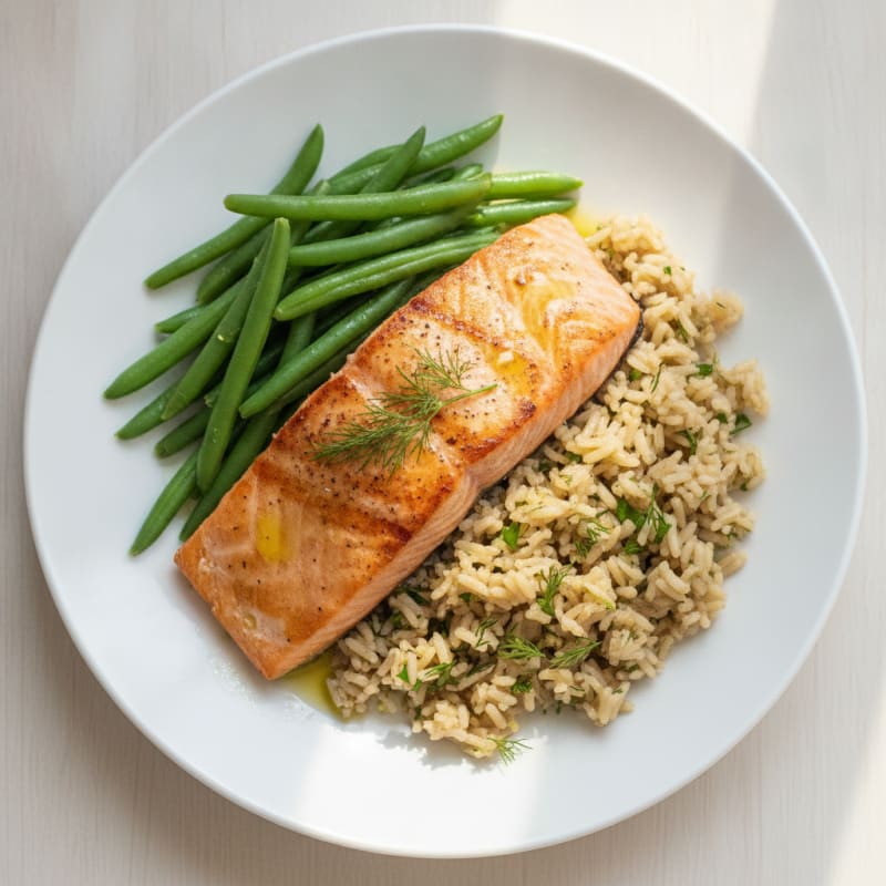 Seared Salmon Fillet with Steamed Green Beans and Herbed Brown Rice
