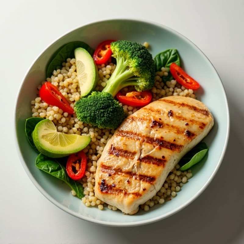 Grilled Chicken Breast with Quinoa, Roasted Broccoli, and Red Bell Pepper Salad