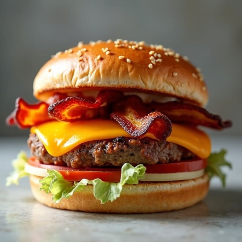 Lean Beef Burger with Crispy Turkey Bacon and Melted Sharp Cheddar