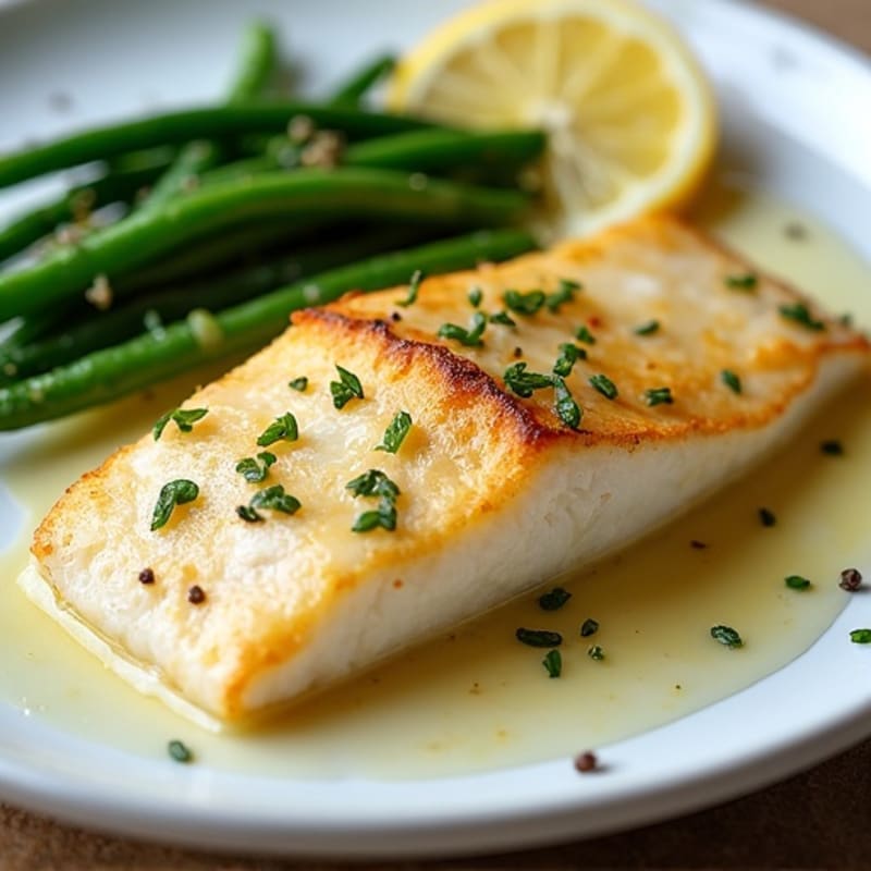 Flaky Pan-Seared Cod with Tangy Lemon-Garlic Sauce and Roasted Green Beans
