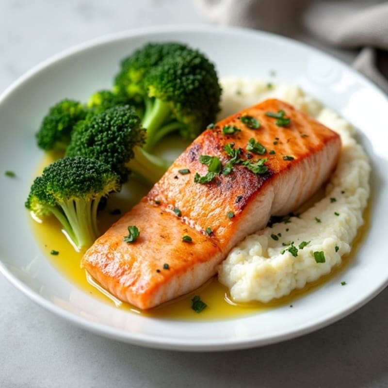 Seared Salmon Fillet with Steamed Broccoli and Garlic Cauliflower Mash