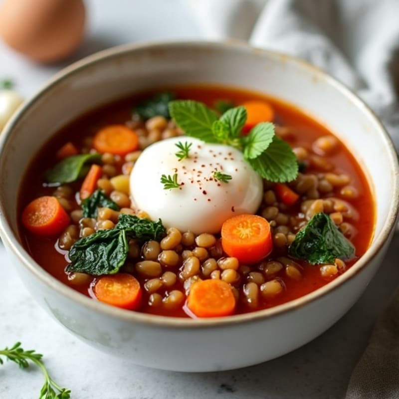 Hearty Lentil Vegetable Stew with Poached Egg Topping