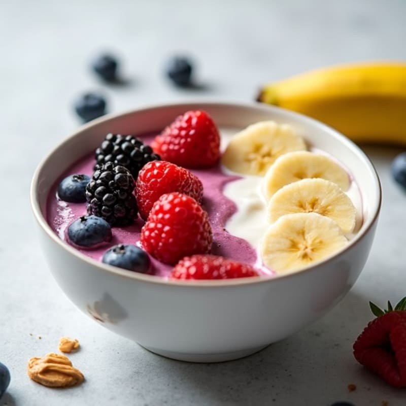 High-Protein Creamy Yogurt Bowl with Fresh Banana and Frozen Berries