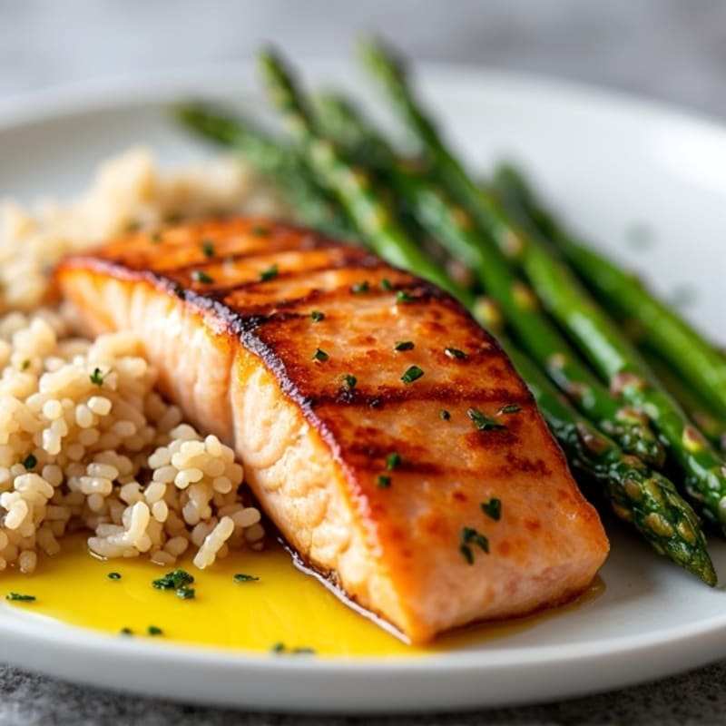 Seared Salmon Fillet with Steamed Asparagus and Brown Rice