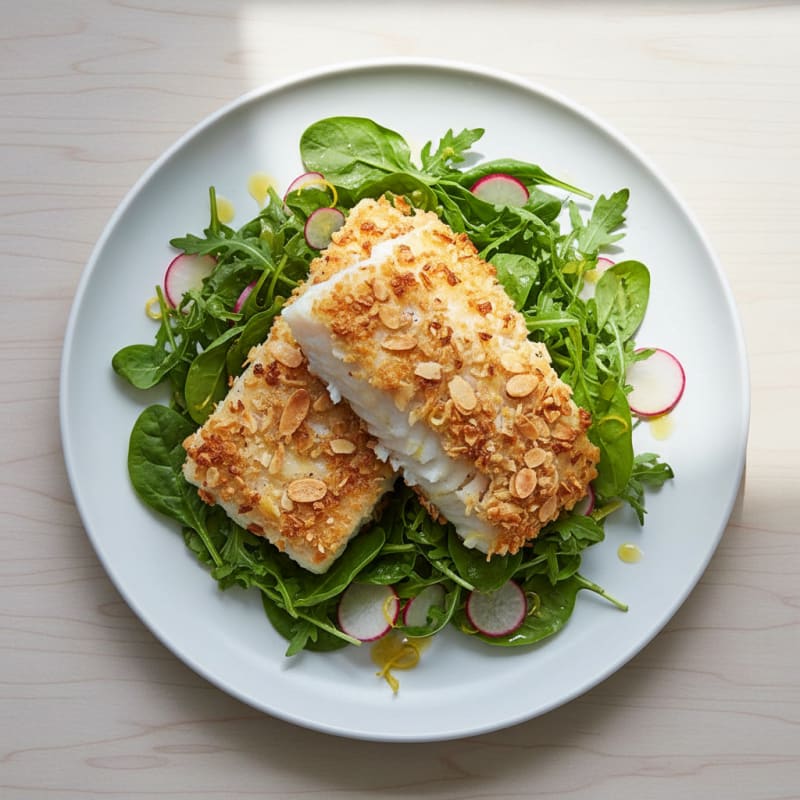 Crispy Baked Fish with Mixed Greens Salad