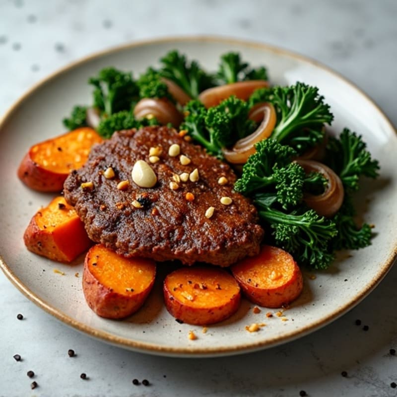 Lean Ground Bison Skillet with Roasted Sweet Potatoes and Crispy Greens