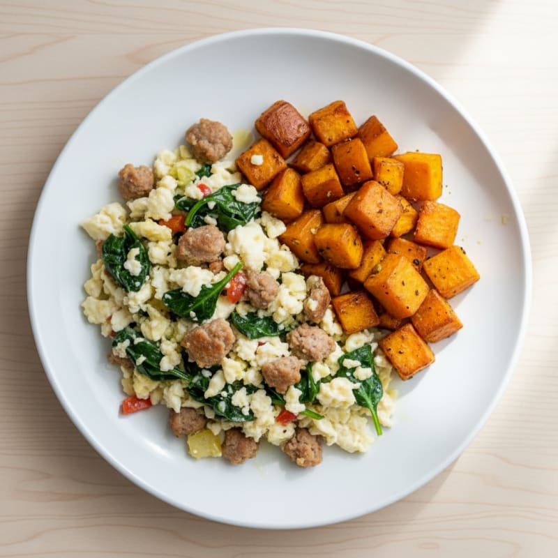 Egg White and Turkey Sausage Scramble with Spinach and Roasted Sweet Potato