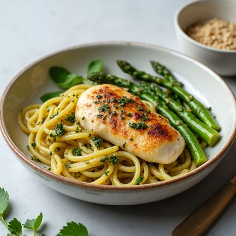 Fresh Pesto Chicken with Whole Wheat Pasta and Roasted Asparagus