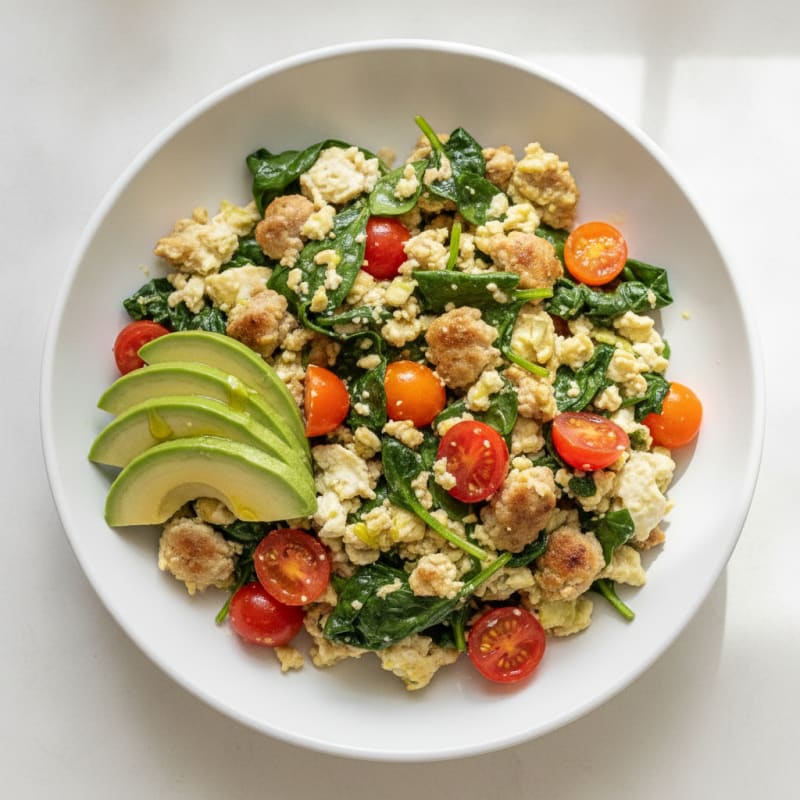 Egg White and Turkey Sausage Scramble with Spinach and Tomatoes