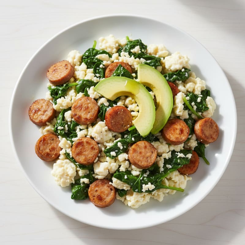 Egg White and Turkey Sausage Scramble with Sautéed Spinach