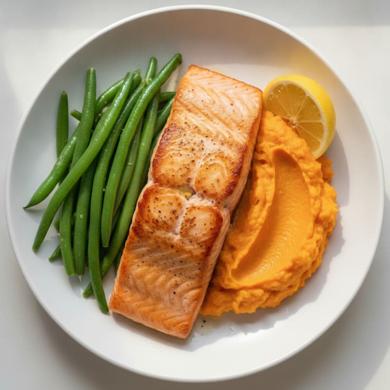 Seared Salmon with Steamed Green Beans and Sweet Potato Mash