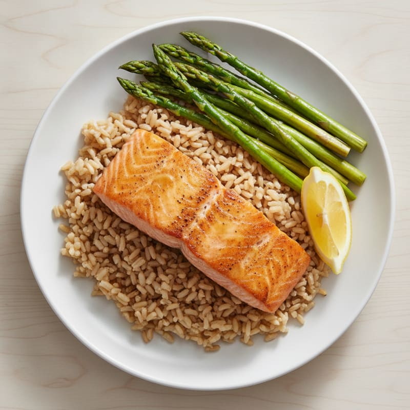 Seared Salmon with Steamed Asparagus and Brown Rice