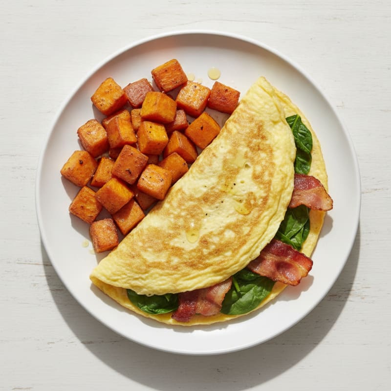 Crispy Turkey Bacon and Spinach Omelet with Roasted Sweet Potatoes