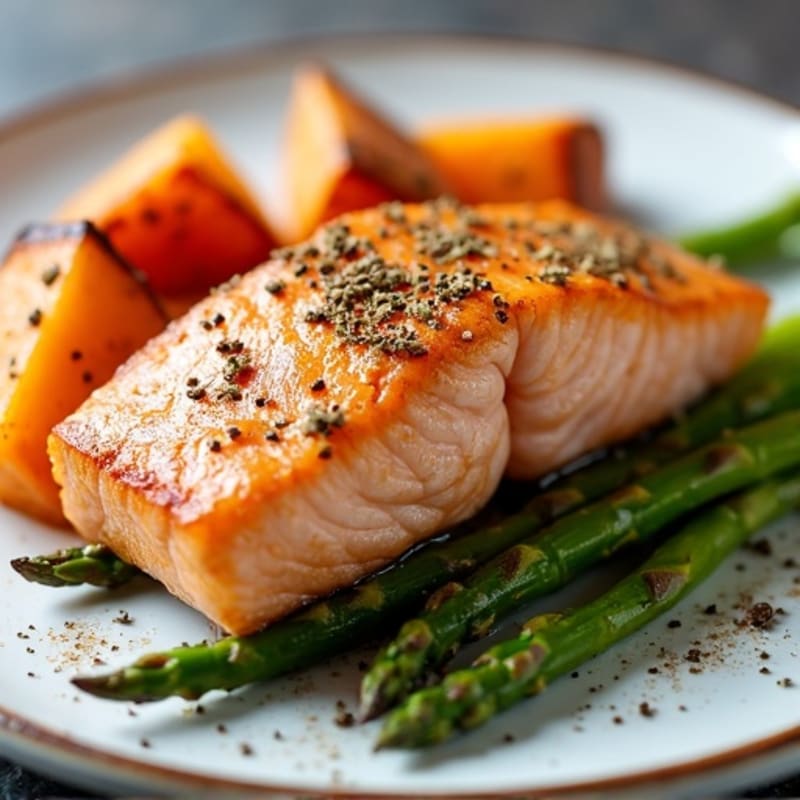 Crispy Pan-Seared Salmon with Roasted Asparagus and Sweet Potato