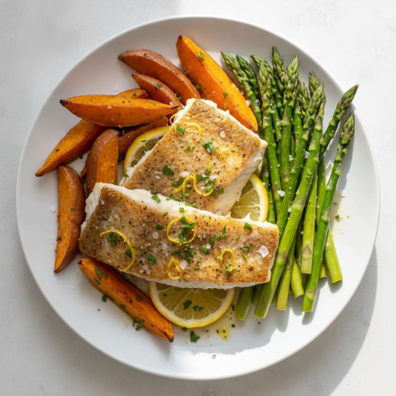 Lemon-Herb Roasted Ocean Perch with Sweet Potatoes