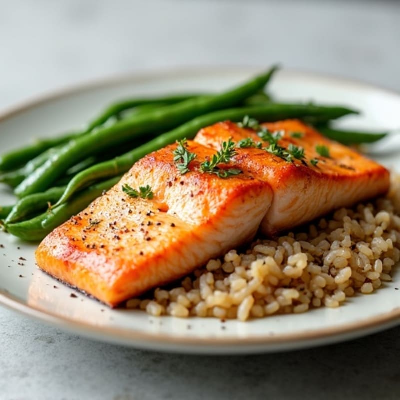 Seared Salmon with Garlic Green Beans and Brown Rice