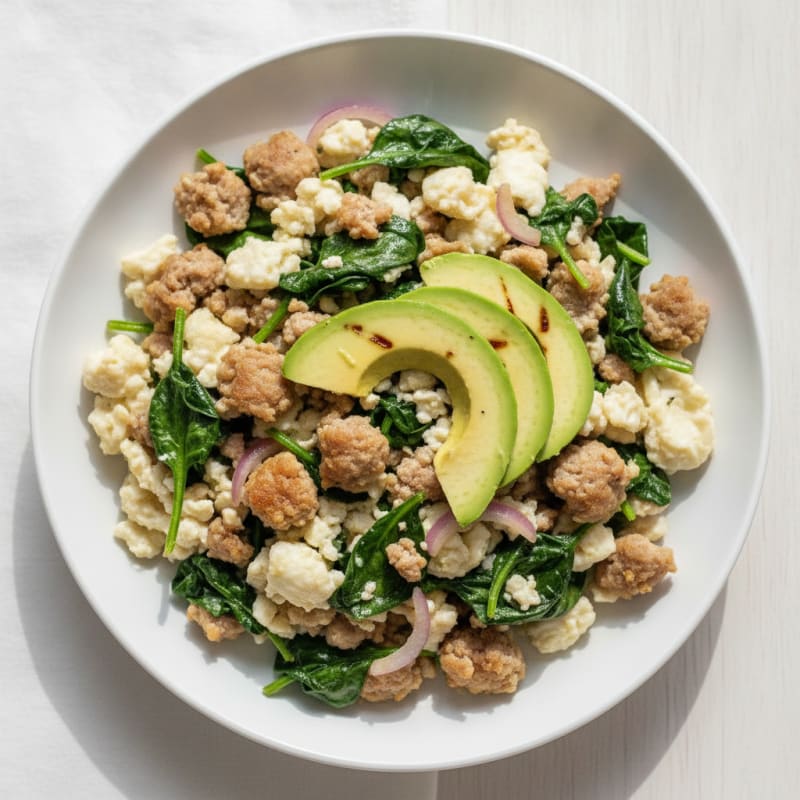 Egg White Scramble with Turkey Sausage and Sautéed Spinach