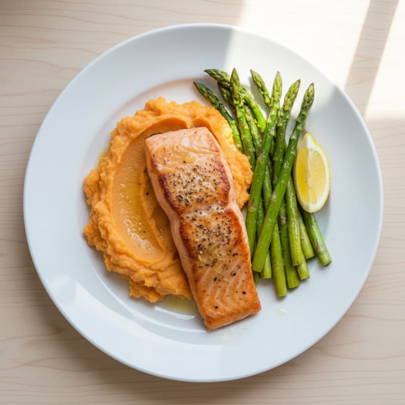 Seared Salmon Fillet with Roasted Asparagus and Sweet Potato Mash