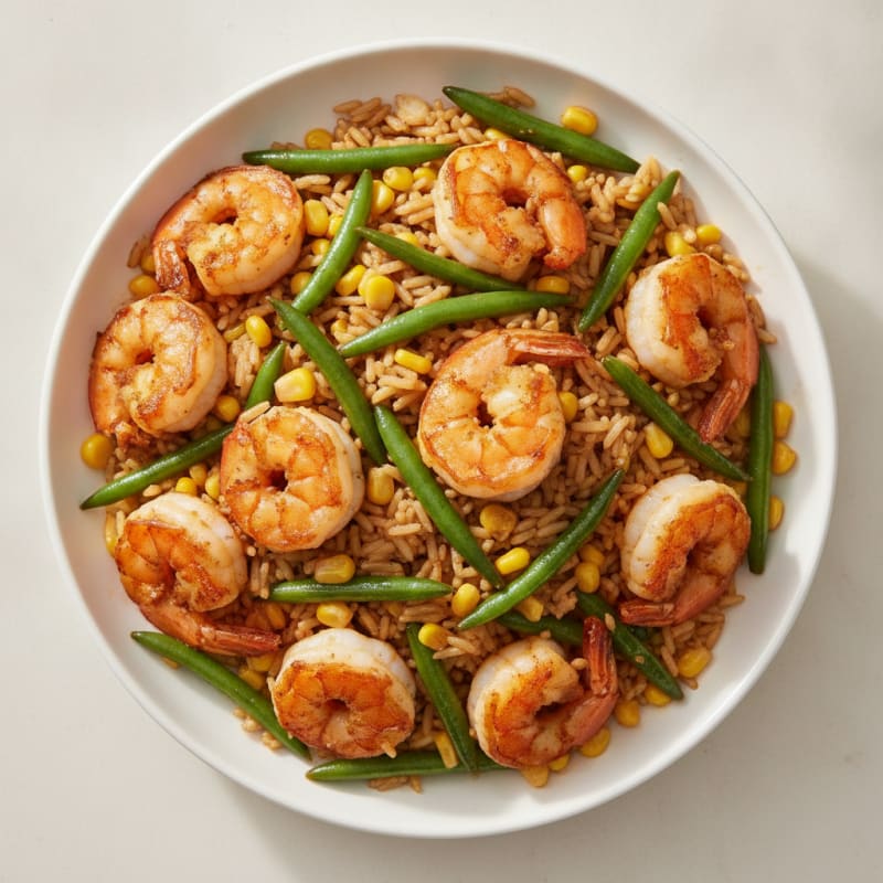 Crispy Shrimp and Rice Stir Fry with Corn and Green Beans