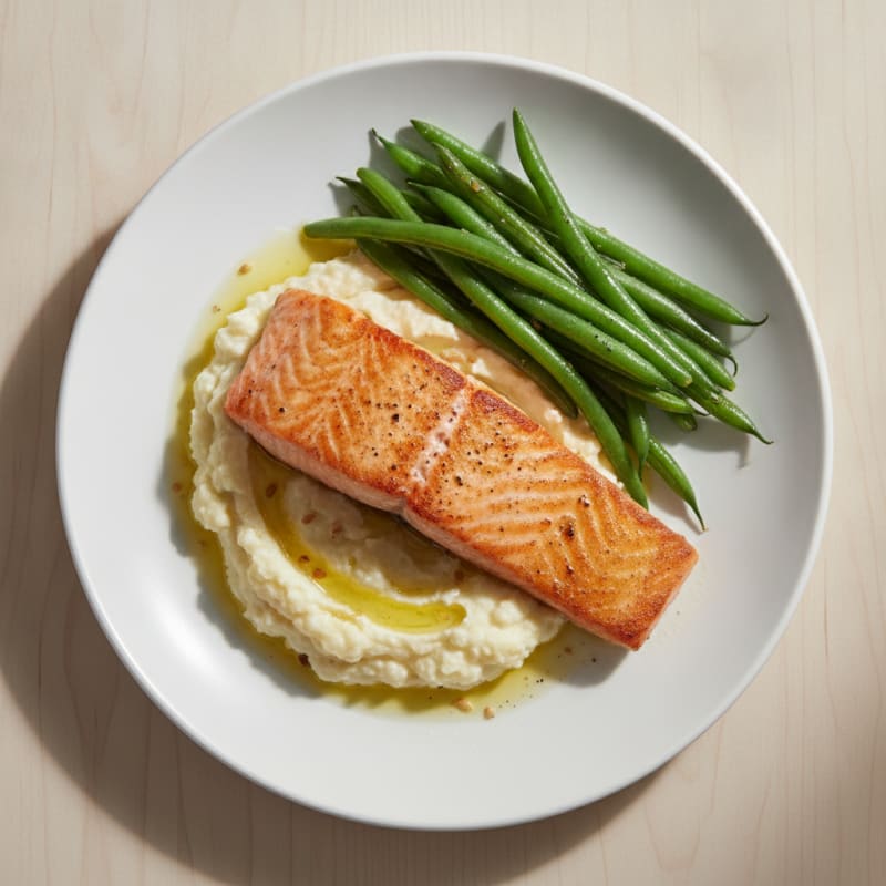 Seared Salmon Fillet with Steamed Green Beans and Garlic Mashed Cauliflower