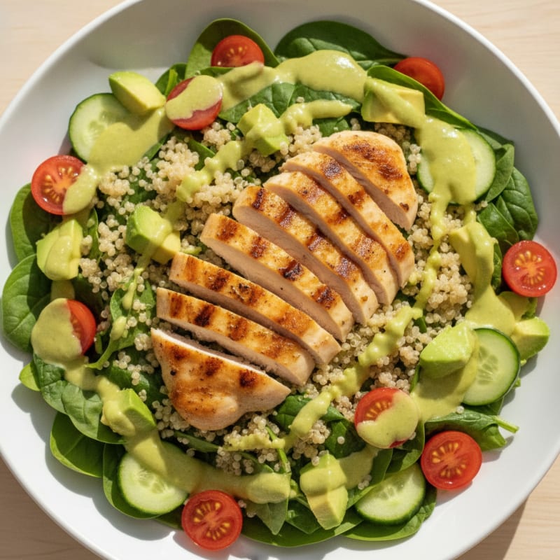 Grilled Chicken and Quinoa Power Salad with Creamy Avocado Dressing