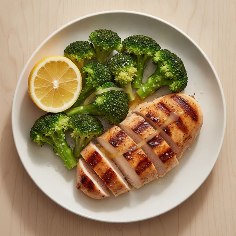Grilled Chicken Breast with Steamed Broccoli and Lemon