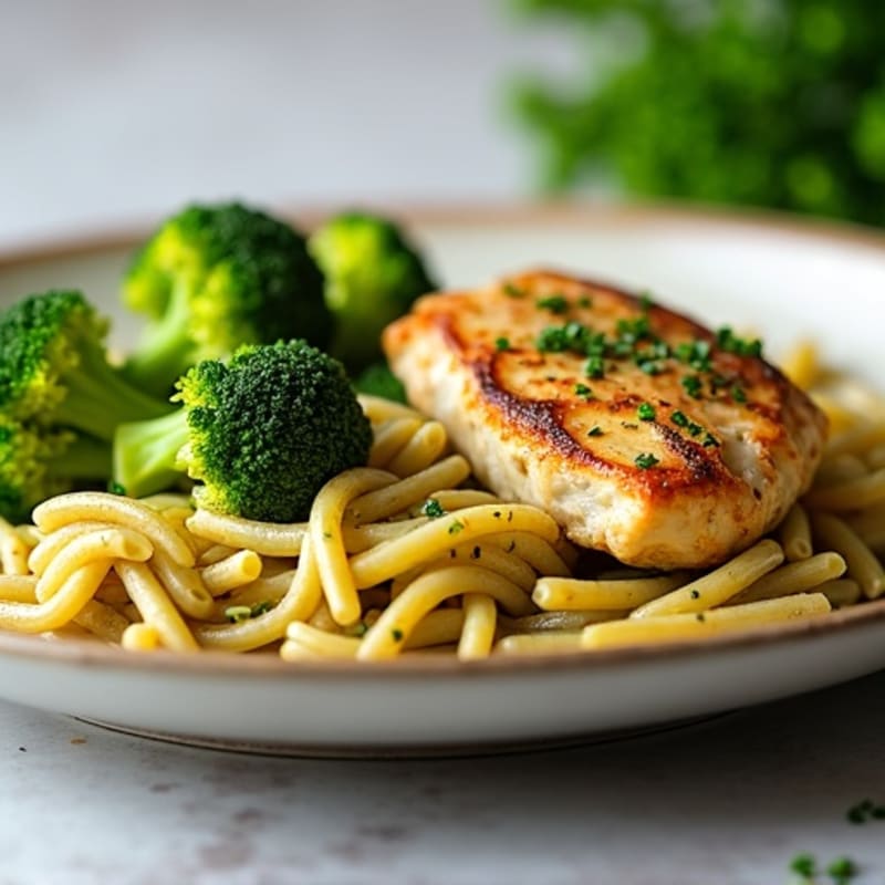 Pan-Seared Chicken with Creamy Pesto Pasta and Roasted Broccoli